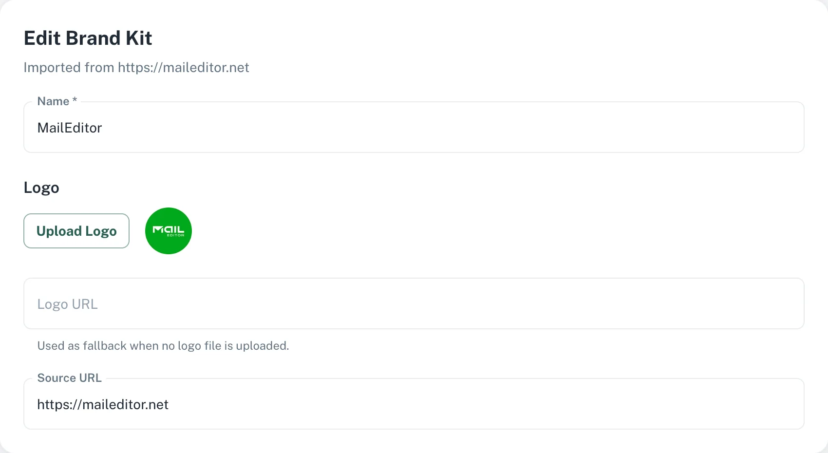 The Logo section of the brand kit: the kit name, the MailEditor logo, a logo URL field and the source URL.