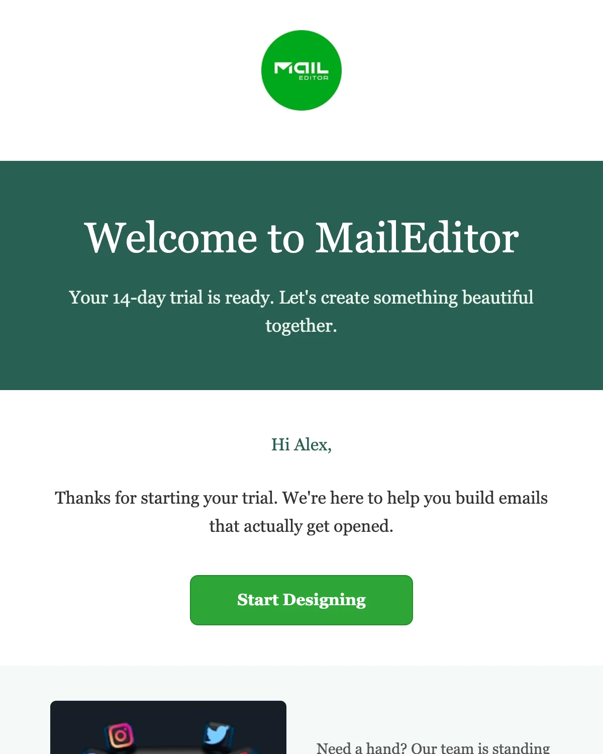 The generated template: a green welcome banner, a short greeting and one Start Designing button.