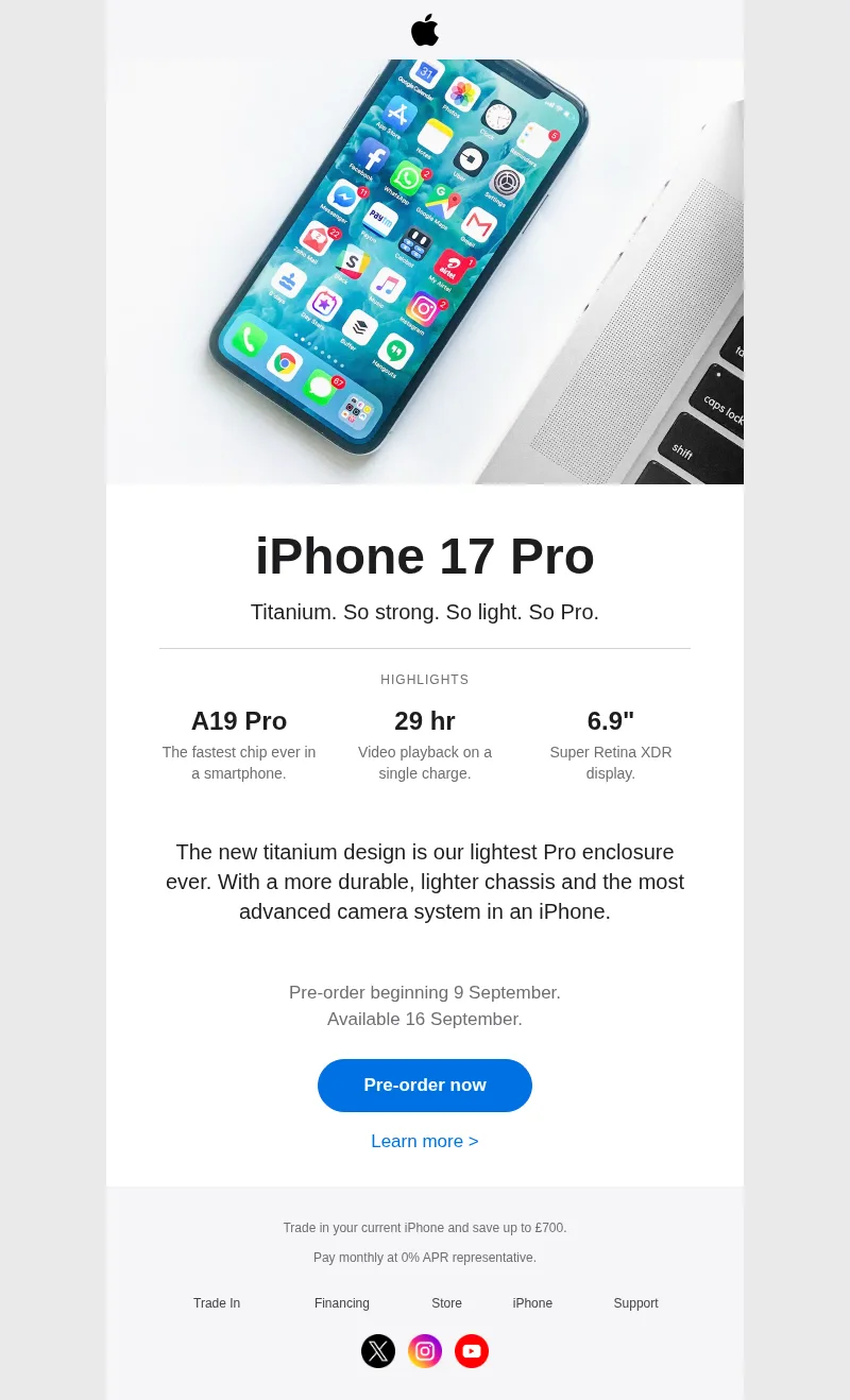 Generated iPhone 17 Pro launch email: phone hero image, three spec highlights and a Pre-order now button.