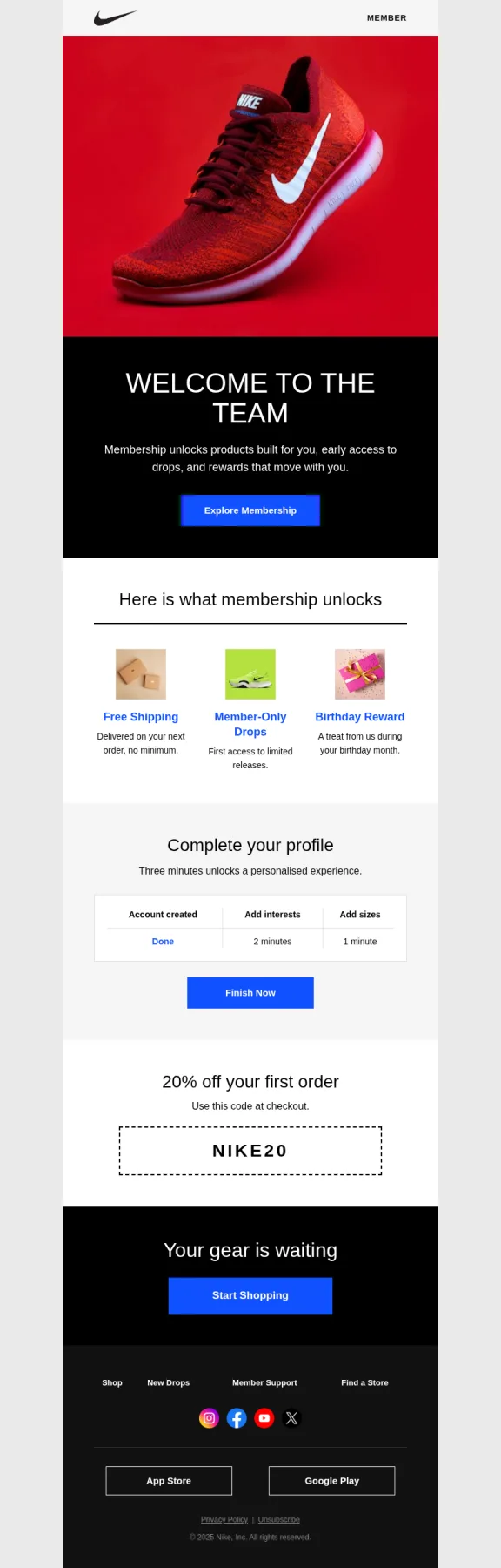 Generated Nike member welcome email: red sneaker hero, Welcome to the Team banner, membership perks and a 20% off code.