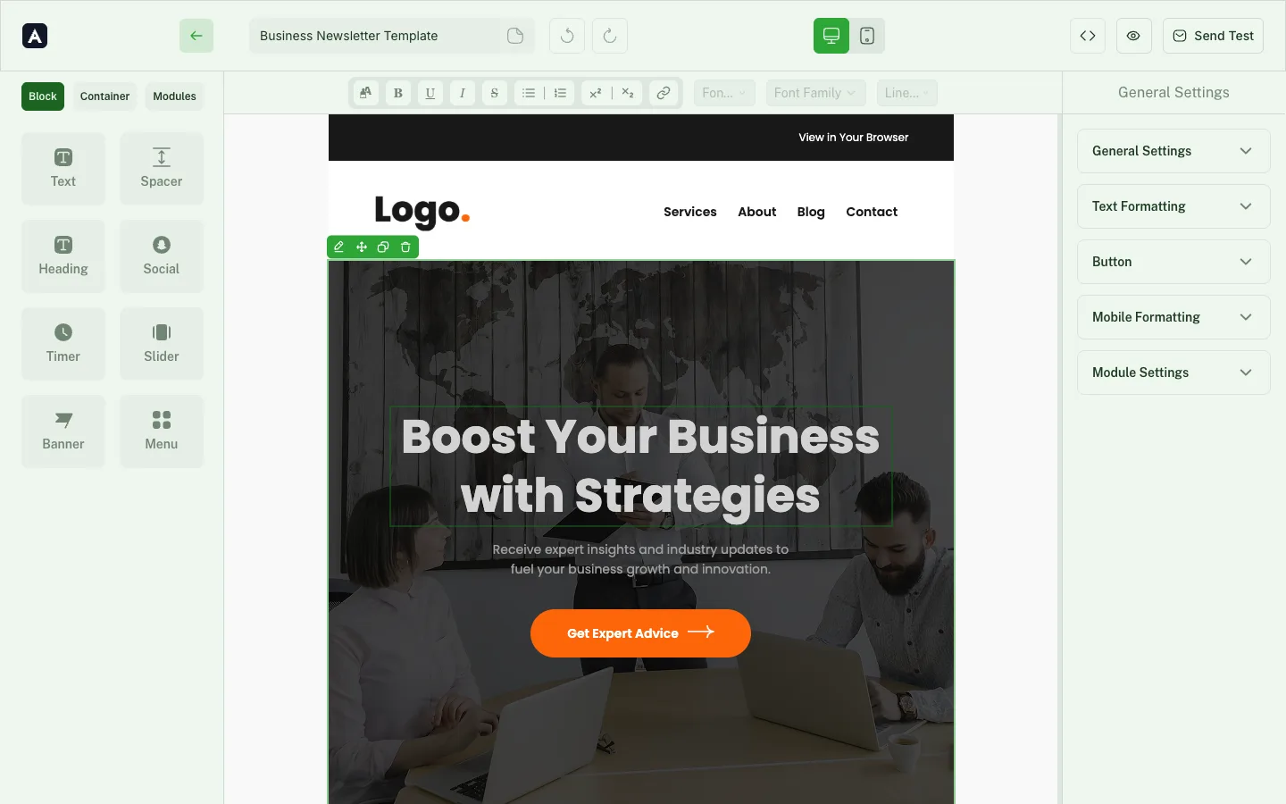 The MailEditor plugin running inside a customer's product, themed in green