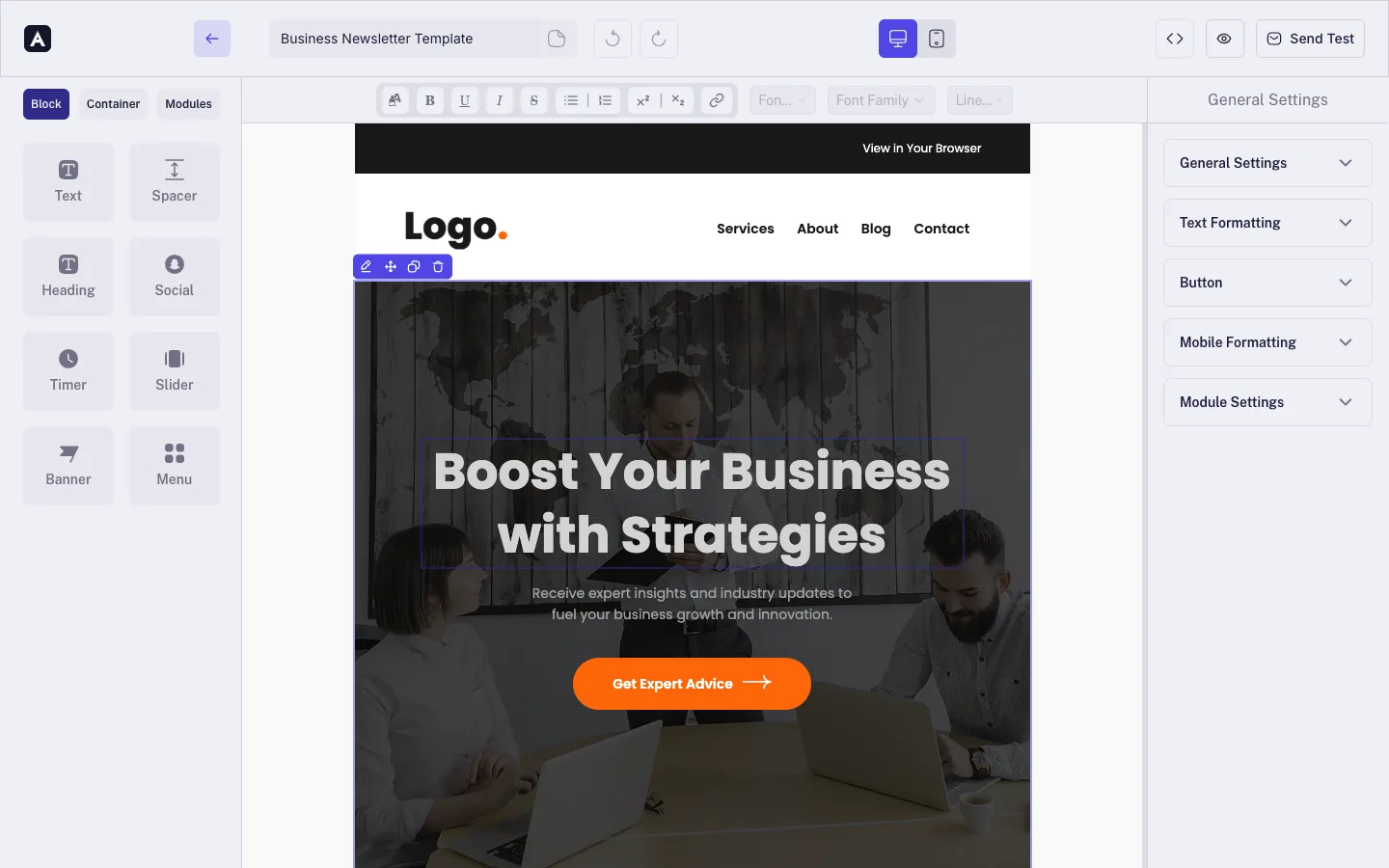 The MailEditor plugin running inside a customer's product, themed in indigo