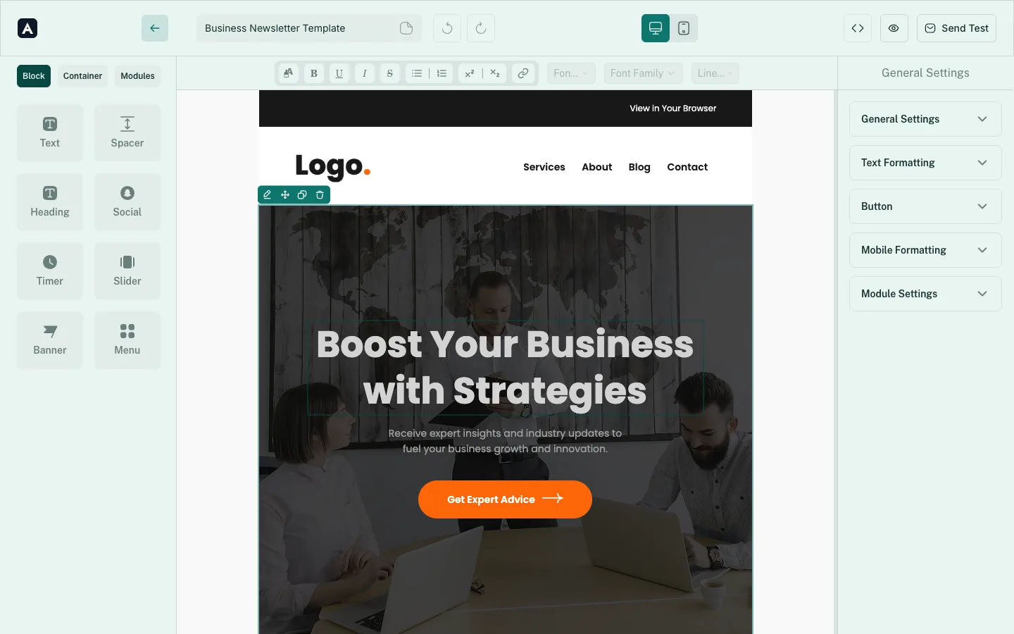The MailEditor plugin running inside a customer's product, themed in teal