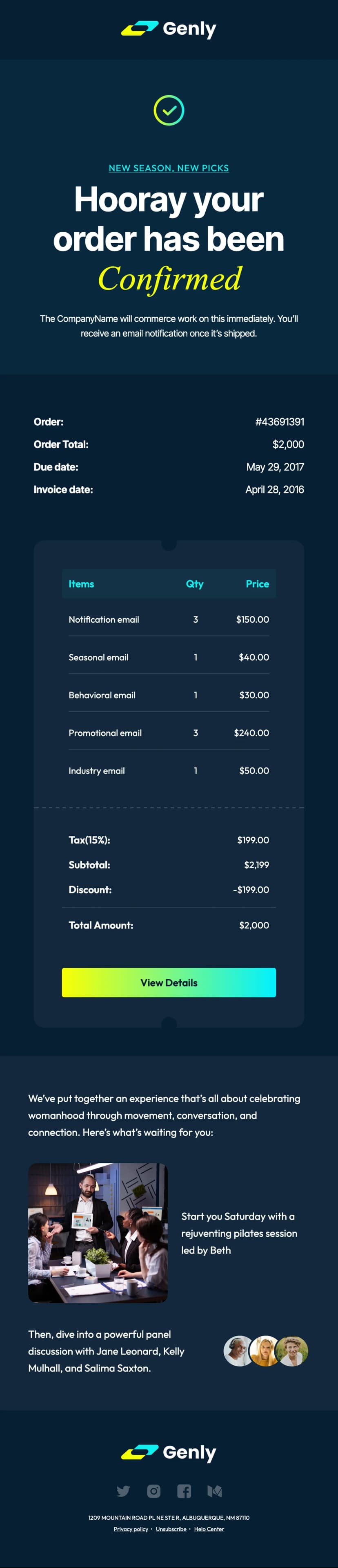 Order confirmation email sample template