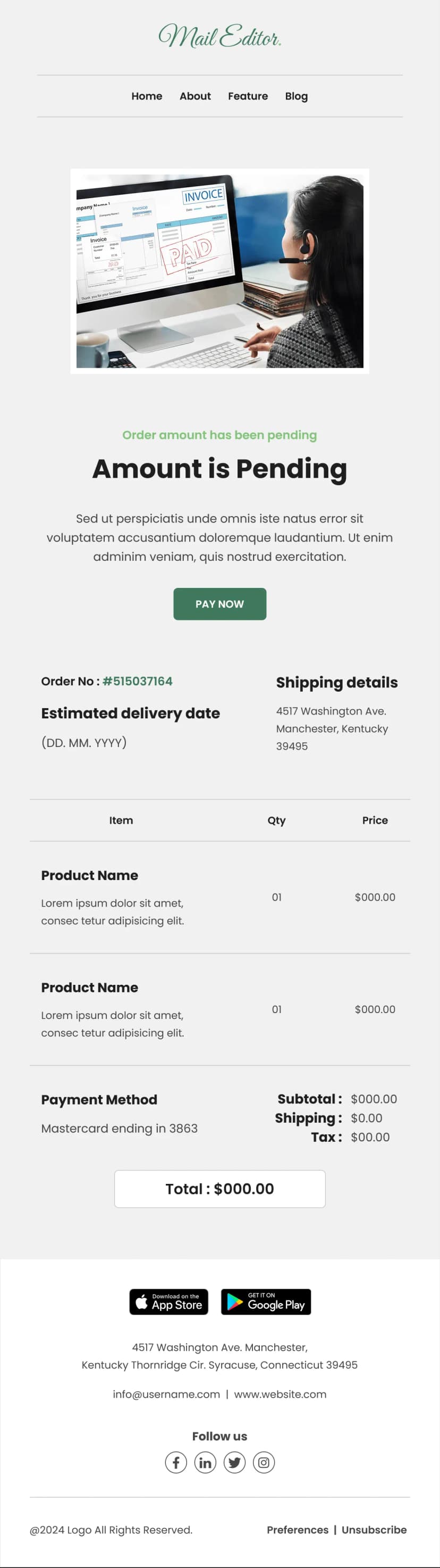 Order Amount Pending Email Template